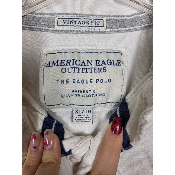 American Eagle Mens XL Vtg Fit Eagle Polo Shirt White Navy Blue Striped Cotton - Picture 4 of 7
